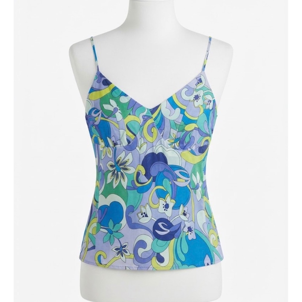 Free Assembly 100% Silk Camisole Top Blue Green Psychedelic Floral Large 12-14